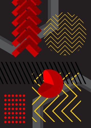 Black, red and yellow geometrical graphic retro theme cover. Minimal geometric elements poster design. Vintage abstract shapes template for poster banner.のイラスト素材