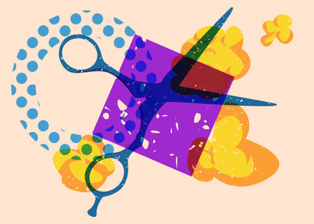 Risograph scissor with geometric shapes. Objects in trendy riso graph print texture style design with geometry elements.のイラスト素材