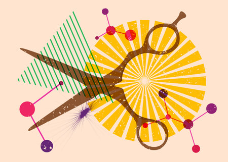 Risograph scissor with geometric shapes. Objects in trendy riso graph print texture style design...