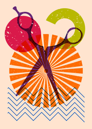 Risograph scissor with geometric shapes. Objects in trendy riso graph print texture style design...