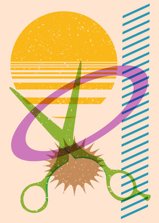 Risograph scissor with geometric shapes. Objects in trendy riso graph print texture style design with geometry elements.のイラスト素材