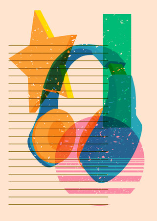 Risograph Headset with geometric shapes. Audio speaker, objects in trendy riso graph print texture style design with geometry elements.のイラスト素材