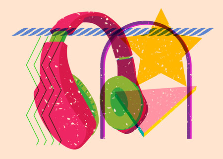 Risograph Headset with geometric shapes. Audio speaker, objects in trendy riso graph print texture style design with geometry elements.のイラスト素材