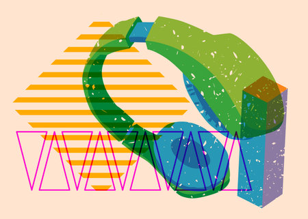 Risograph Headset with geometric shapes. Audio speaker, objects in trendy riso graph print texture style design with geometry elements.のイラスト素材