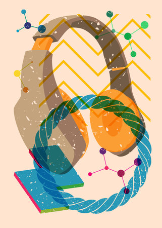 Risograph Headset with geometric shapes. Audio speaker, objects in trendy riso graph print texture style design with geometry elements.のイラスト素材