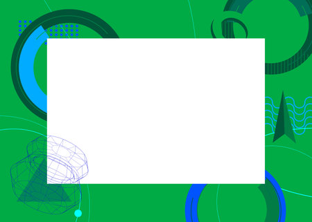 Blue and green geometrical graphic retro theme background with white place for text. Minimal geometric elements frame. Vintage abstract shapes vector illustration for advertising.のイラスト素材