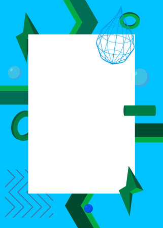 Blue and green geometrical graphic retro theme background with white place for text. Minimal geometric elements frame. Vintage abstract shapes vector illustration for advertising.のイラスト素材