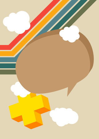 Simple retro 70s lines background with speech bubble and yellow plus sign. Groovy abstract 1970s art template. Buzy Vintage design poster.のイラスト素材
