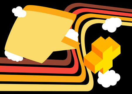 Simple retro 70s lines background with speech bubble and yellow plus sign. Groovy abstract 1970s art template. Buzy Vintage design poster.のイラスト素材