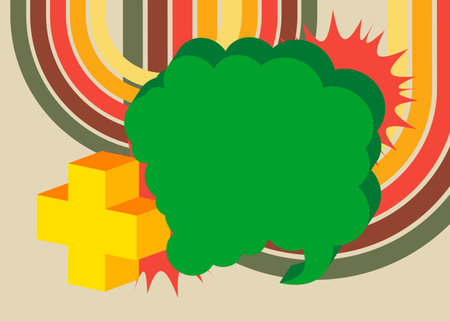 Simple retro 70s lines background with speech bubble and yellow plus sign. Groovy abstract 1970s art template. Buzy Vintage design poster.のイラスト素材