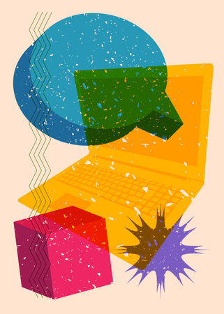 Risograph Laptop with speech bubble and geometric shapes. Objects in trendy riso graph print texture style design with geometry elements.のイラスト素材
