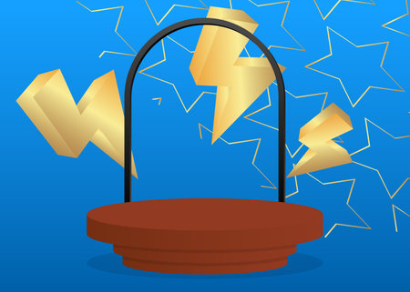 Blue, black, gold and brown mockup product display. Vector cylinder pedestal podium. Stage showcase for presentation with minimal geometric forms.のイラスト素材