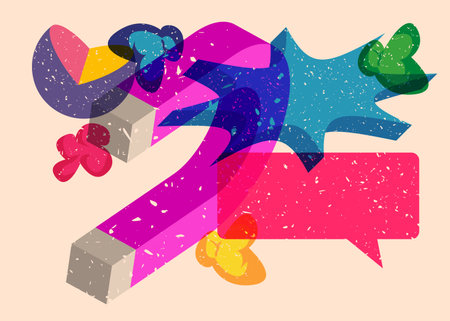 Risograph magnet with speech bubble and geometric shapes. Horseshoe Magnet with objects in trendy riso graph print texture style design with geometry elements.のイラスト素材