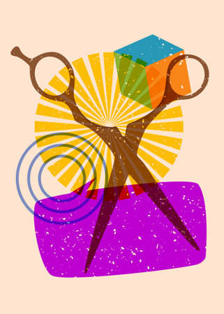 Risograph scissor with speech bubble with geometric shapes. Objects in trendy riso graph print texture style design with geometry elements.のイラスト素材