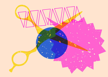 Risograph scissor with speech bubble with geometric shapes. Objects in trendy riso graph print texture style design with geometry elements.のイラスト素材