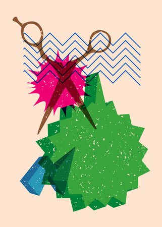 Risograph scissor with speech bubble with geometric shapes. Objects in trendy riso graph print texture style design with geometry elements.のイラスト素材