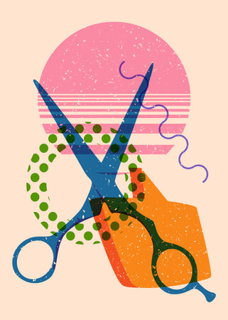 Risograph scissor with speech bubble with geometric shapes. Objects in trendy riso graph print texture style design with geometry elements.のイラスト素材