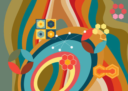 Retro 70s background with minimalistic vintage groovy abstract 1970s art. Old-fashioned rainbow color artwork.のイラスト素材