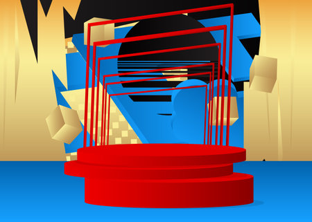 Blue, black, gold and red mockup product display. Vector 3D cylinder pedestal podium. Minimal stage showcase for presentation.のイラスト素材