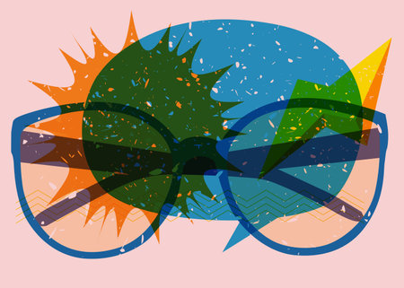 Risograph Eyeglasses and speech bubble with geometric shapes. Eyewear object in trendy riso graph design with geometry elements.のイラスト素材