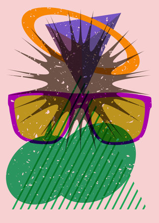 Risograph Eyeglasses and speech bubble with geometric shapes. Eyewear object in trendy riso graph design with geometry elements.のイラスト素材