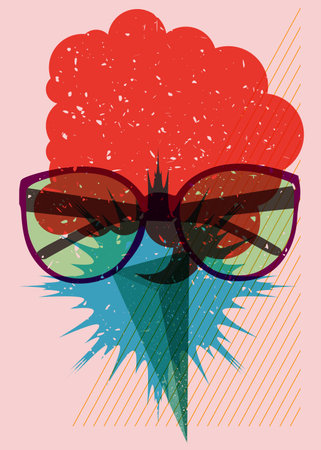 Risograph Eyeglasses and speech bubble with geometric shapes. Eyewear object in trendy riso graph design with geometry elements.のイラスト素材