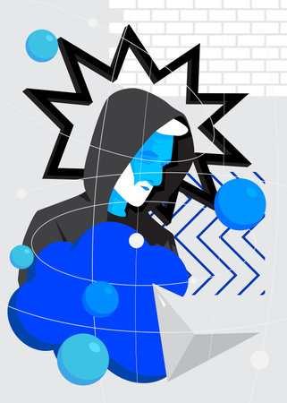 Blue, white and black geometrical graphic retro poster with male head, chest statue. Minimal geometric elements with man bust sculpture. Vintage shapes template.のイラスト素材