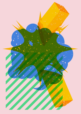 Risograph Speech Bubble with geometric shapes. Geometry elements with Message symbol in trendy riso graph design.のイラスト素材