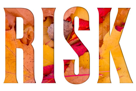 Autumn leaves, objects with Risk text. Natural patterns, color design.