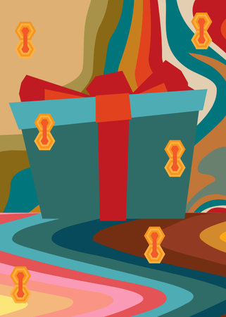 Retro 70s Background with gift box. Groovy Holiday. 1970s art template. Minimalistic Vintage design poster. Old-fashioned color artwork.のイラスト素材