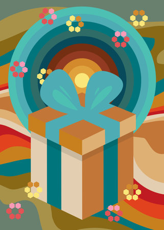 Retro 70s Background with gift box. Groovy Holiday. 1970s art template. Minimalistic Vintage design poster. Old-fashioned color artwork.のイラスト素材