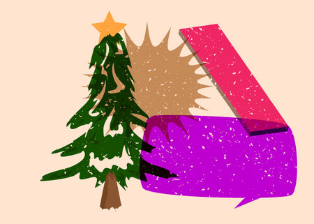 Risograph Christmas Tree with speech bubble with geometric shapes. Pine Tree in trendy riso graph print texture style design with geometry elements.のイラスト素材