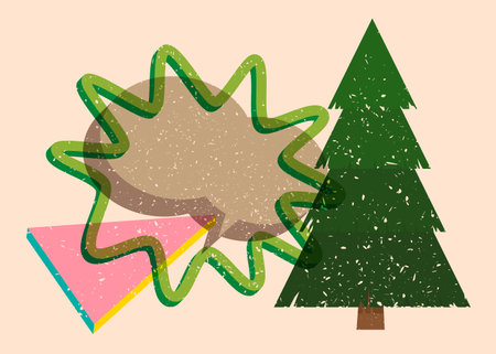 Risograph Christmas Tree with speech bubble with geometric shapes. Pine Tree in trendy riso graph print texture style design with geometry elements.のイラスト素材