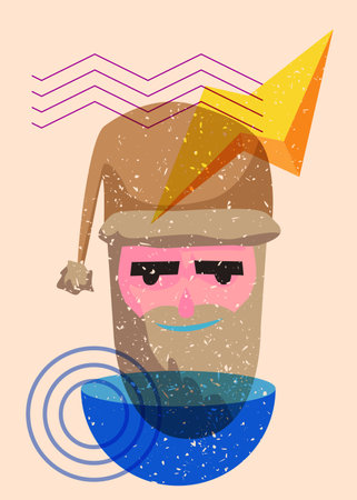 Risograph Santa Claus head with geometric shapes. Objects in trendy riso graph print texture style design with geometry elements.のイラスト素材