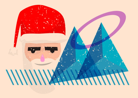 Risograph Santa Claus head with geometric shapes. Objects in trendy riso graph print texture style design with geometry elements.のイラスト素材