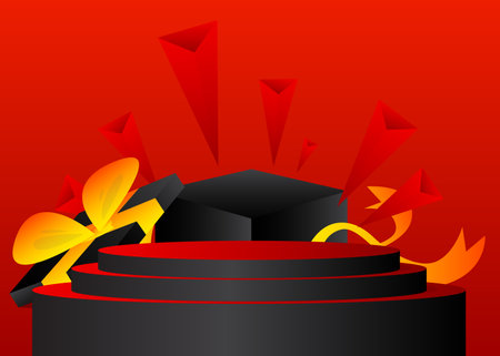 Mockup product display with gift box. Vector holiday cylinder pedestal podium. Christmas stage showcase for presentation. Minimal geometric forms.のイラスト素材