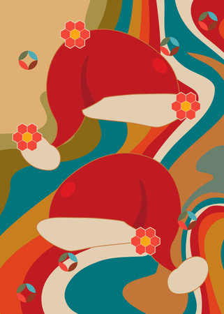 Retro 70s Background with Santa Claus Hat. Groovy Christmas 1970s art template. Minimalistic Vintage design poster. Old-fashioned color artwork.のイラスト素材