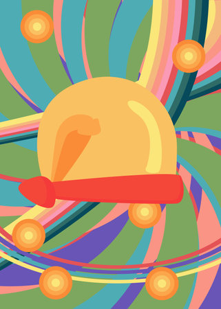 Retro 70s Background with Santa Claus Hat. Groovy Christmas 1970s art template. Minimalistic Vintage design poster. Old-fashioned color artwork.のイラスト素材