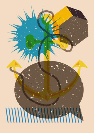 Risograph Anchor and speech bubble with geometric shapes. Nautical Object in trendy riso graph design, print texture style.のイラスト素材