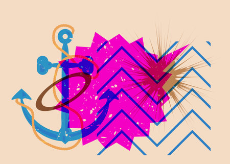 Risograph Anchor and speech bubble with geometric shapes. Nautical Object in trendy riso graph...