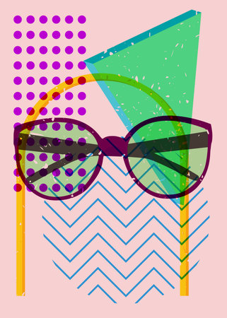 Risograph Eyeglasses and geometric shapes. Eyewear object in trendy riso graph design with geometry...