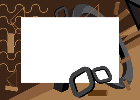 Black and brown geometrical graphic retro theme background with white place for text. Minimal geometric elements frame. Vintage abstract shapes vector illustration for advertising.のイラスト素材