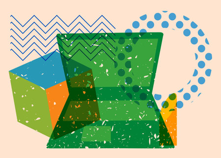 Risograph Laptop with geometric shapes. Objects in trendy riso graph print texture style design with geometry elements.のイラスト素材