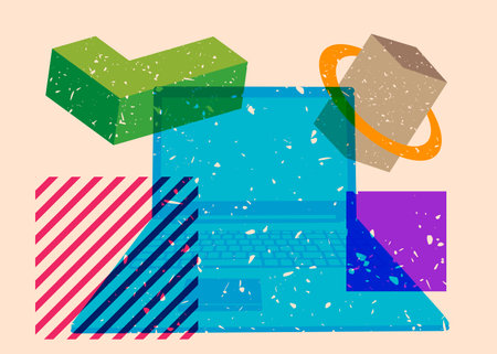 Risograph Laptop with geometric shapes. Objects in trendy riso graph print texture style design with...