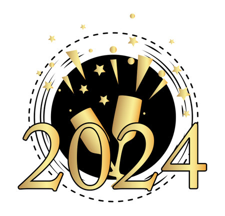 Ribbon with 2024 and Happy New Year text. Banner template. Black and gold label sticker on white background. Sign.のイラスト素材