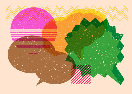 Risograph three speech bubble with geometric shapes. Objects in trendy riso graph print texture style design with geometry elements.のイラスト素材