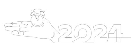 One continuous line of alarm clock with the number 2024. Thin Line holiday Illustration vector concept. Contour Drawing Creative ideas.のイラスト素材