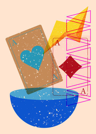 Risograph Poker Playing Card with geometric shapes. Objects in trendy riso graph print texture style design with geometry elements.のイラスト素材