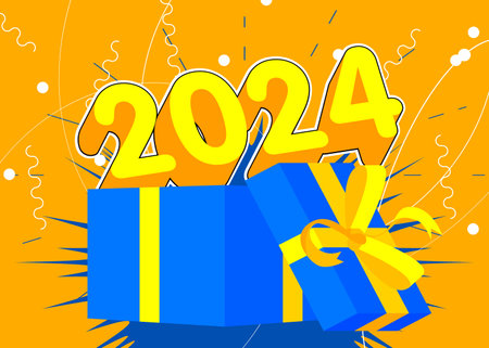 Cartoon Gift Box with 2024 number. Vector illustrated wrapped package.のイラスト素材