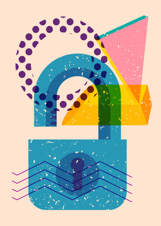 Risograph Padlock with geometric shapes. Objects in trendy riso graph print texture style design with geometry elements.のイラスト素材
